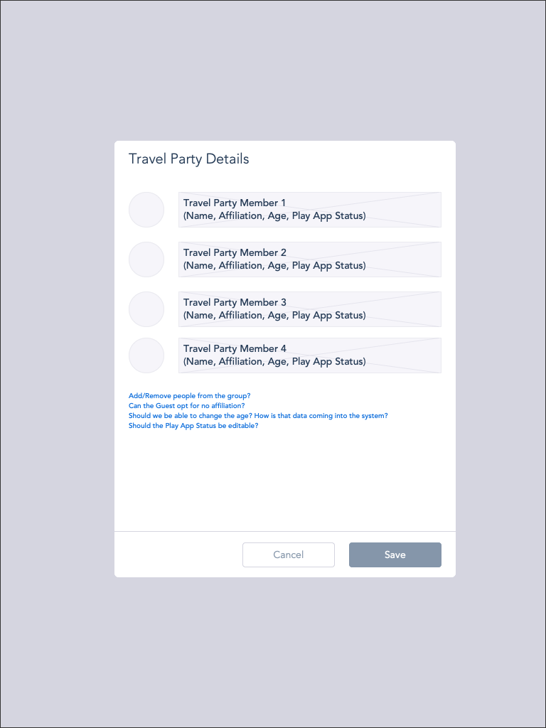 Travel Party Details Wireframe